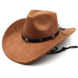 Western Cowboy Hat Faux Suede Wide Brim Flat Top Star Rivet Leather Band Adjustable Windproof String Retro Knight Unisex