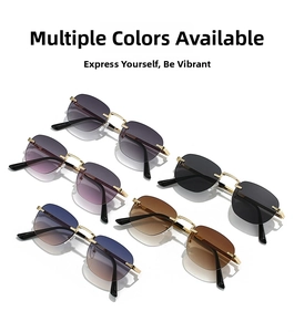 Detail of rimless oval sunglasses showing five colored lenses with gold metal temples
