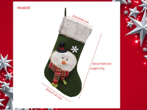 Detailed view of green snowman Christmas stocking with dimensions and plush white cuff