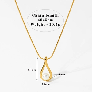 Detail view of gold teardrop pendant with 8mm pearl including chain length measurements