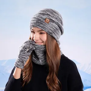 Winter 3-piece knitted set with hat, neck warmer, and gloves in grey marl fleece lining