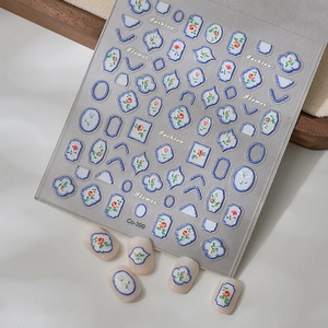 French blue frame nail stickers with red rose patterns for DIY manicure and craft design