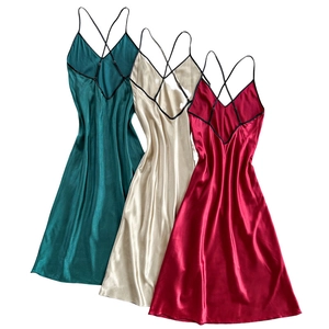 Women's long satin silk nightgown with V-neck and criss-cross back straps in three colors