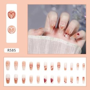 Pink gradient heart-patterned long coffin press-on nails set with elegant design