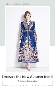 Detail of V-neck long sleeve dress with vintage paisley print and button closure