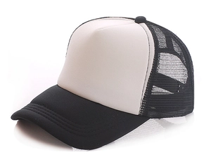 Side view of two-tone mesh trucker hat with foam front panel and breathable back