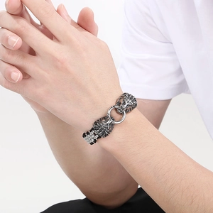 Bracelet tête de lion pour homme en argent vintage avec chaîne tissée et fermoir