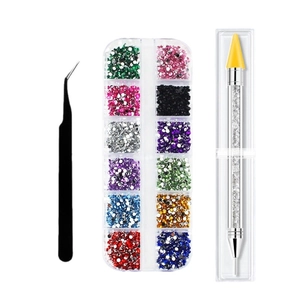 Acrylic rhinestones set with 12 colors, curved tweezers, and double-ended dotting pen
