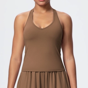 Mocha brown V-neck quick-dry sports bra and pleated skirt set for yoga and fitness