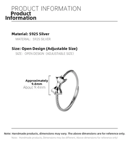 Detail of adjustable S925 sterling silver bow ring with 9.4mm width dimension info