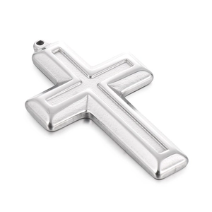 Polished silver stainless steel cross pendant necklace with textured central inlay design