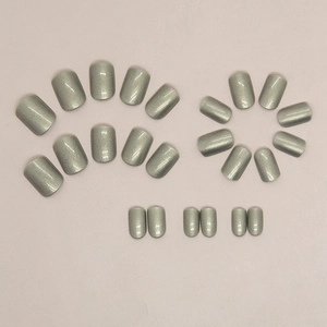 Short square emerald green cat-eye fake nails with elegant aurora metallic finish