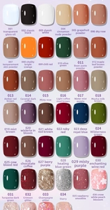Detailed color chart showing 36 quick-dry nail polish shades including glitter and matte