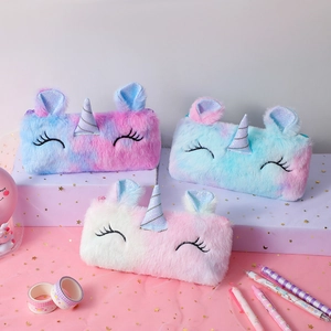 Unicorn Plush Pencil Case Gradient Tie-Dye Stationery Storage Bag With Sequin Horn For Girls Kids School