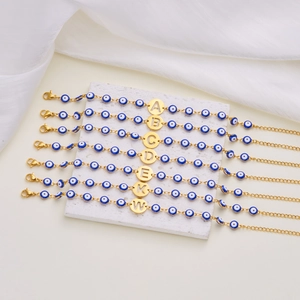 Evil Eye Initial Bracelet Stainless Steel Hollow Letter Charm Blue Beaded Adjustable Jewelry For Women Men