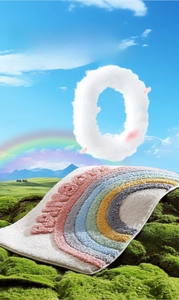 Detailed macro view of 3D embossed rainbow tufted bath mat with soft fiber texture