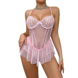 Pink sheer lace bodysuit with mesh skirt and bow detail, slim fit lingerie for women