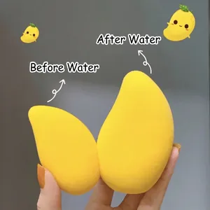 Mango shaped makeup sponge showing size comparison before and after water absorption