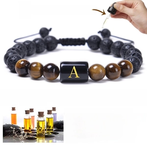 Bracelet réglable en œil de tigre et pierre de lave avec lettre A pour huiles essentielles