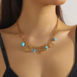Gold-plated stainless steel necklace featuring turquoise beads and Egyptian symbol pendants