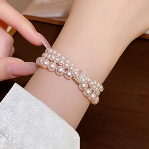 Elegant Layered Faux Artificial Pearl Bracelet With Cubic Zirconia Square Buckle French Style Women Luxury Jewelry