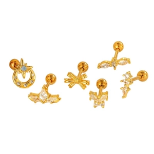 Set of 6 gold plated ear studs with bow, butterfly, moon and star zircon designs