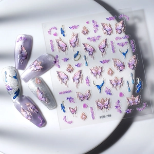 5D embossed butterfly nail stickers with purple gradient and gold texture on white plate