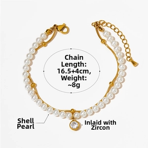 Détails du bracelet double couche doré avec perles de coquillage, zircon et mesures