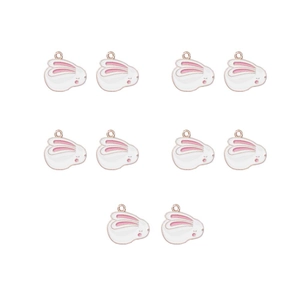 Set of 10 white and pink enamel rabbit charms with gold loops for DIY jewelry making