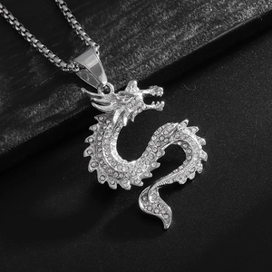Hip Hop Silber Drachen Anhänger Kette mit klaren Kristallen und polierter Metallkette