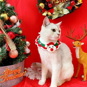 Close-up of a festive red and green knitted Christmas pet collar with Santa Claus ornament