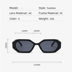 Detailed size specifications for fashion sunglasses with AC lens and PC frame dimensions