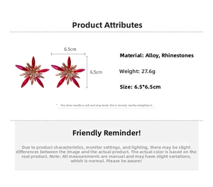 Detailed size chart showing 6.5cm star earrings with red and champagne rhinestones