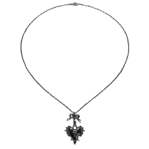 Gothic punk silver necklace with black heart pendant, cross and bow on white background