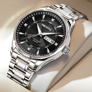Detail of silver stainless steel men's watch with black dial and dual calendar display