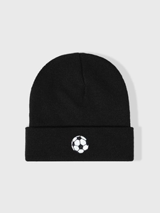 Close-up of a black knitted beanie featuring high-quality football embroidery and fine stitching
