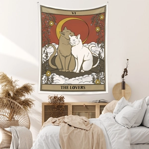 Detailed view of The Lovers tarot tapestry featuring two cats in a cozy bedroom setting