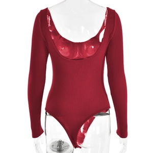 Detail of dark red ribbed cotton bodysuit with backless U-shaped cut and long sleeves