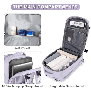 Detail view of purple travel backpack featuring a 15.6 inch laptop sleeve and wet pocket