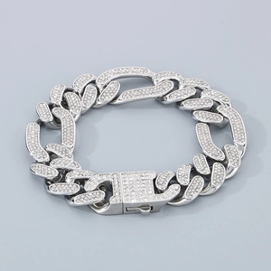 Close-up of hip hop silver stainless steel cuban link bracelet with sparkling rhinestones