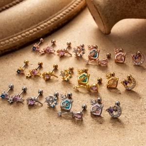 Stainless steel cartilage studs in gold and silver with colorful zircon moon and stars