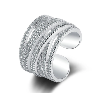 Wide Band Wavy Multi-layer Copper Ring For Women Zircon Inlaid Adjustable Open Knuckle Finger Jewelry Fashion