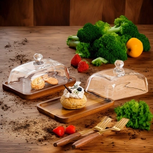 Rectangular acacia wood butter dish with transparent glass lid for cheese or cake serving