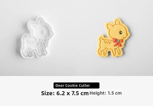Detailed view of reindeer cartoon cookie mold with dimensions showing 6.2x7.5cm and 1.5cm depth
