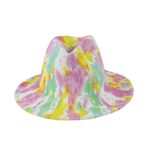 Vibrant tie-dye fedora hat in pink, yellow and mint green felt with wide brim