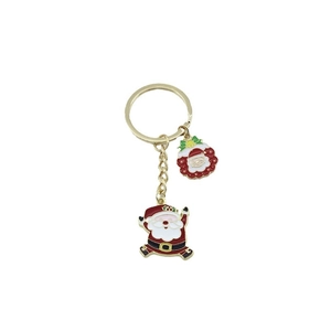 Christmas Santa Claus keychain with wreath pendant on golden metal ring for gift