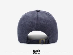 Detail view of the washed dark grey baseball cap showing back metal adjustable strap