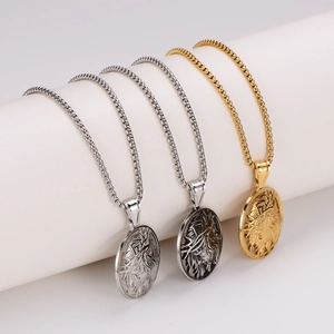 Retro Greek Mythology Pendant Necklace 304 Stainless Steel Round Embossed Lion Head Jesus Box Chain Hip Hop Jewelry Men Women