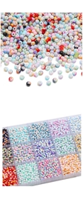 Macro detail of 3mm colorful gradient glass seed beads organized in a transparent storage box