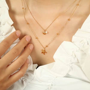 Double-layered 18K gold plated starfish and seashell necklace with pearls for women